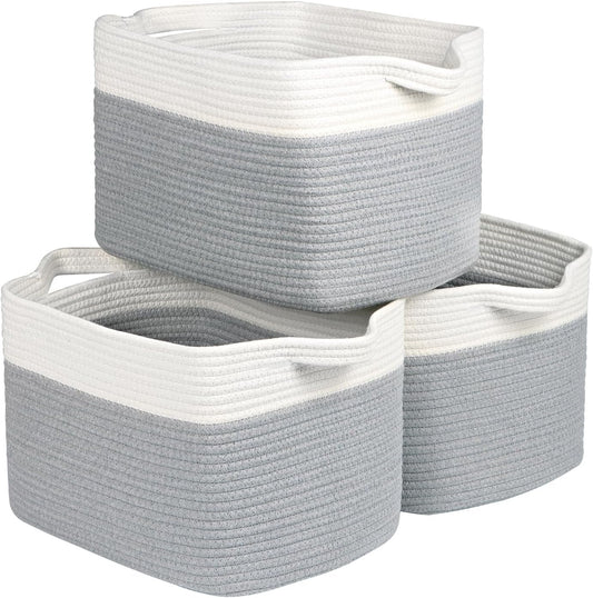 Kntiwiwo Storage Baskets for Organizing 14.7”x11”x9.6” Rope Storage Baskets for Shelves with Handles, Decorative Closet Baskets & Bins, Large Woven Baskets for Storage, White & Grey