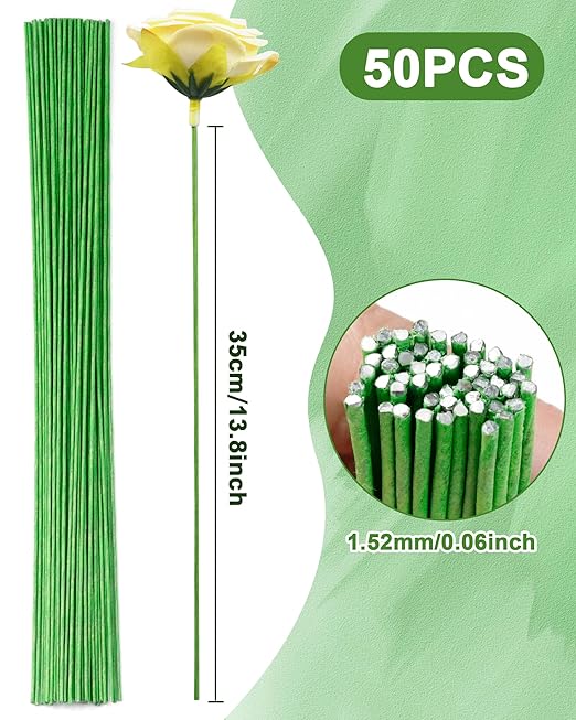50 PCS FIVEIZERO 16 Gauge LightGreen Floral Wire Stems for Artificial Flower Making, Florist Wires for Crafts, Wreaths, Flower Arrangements and DIY Projects