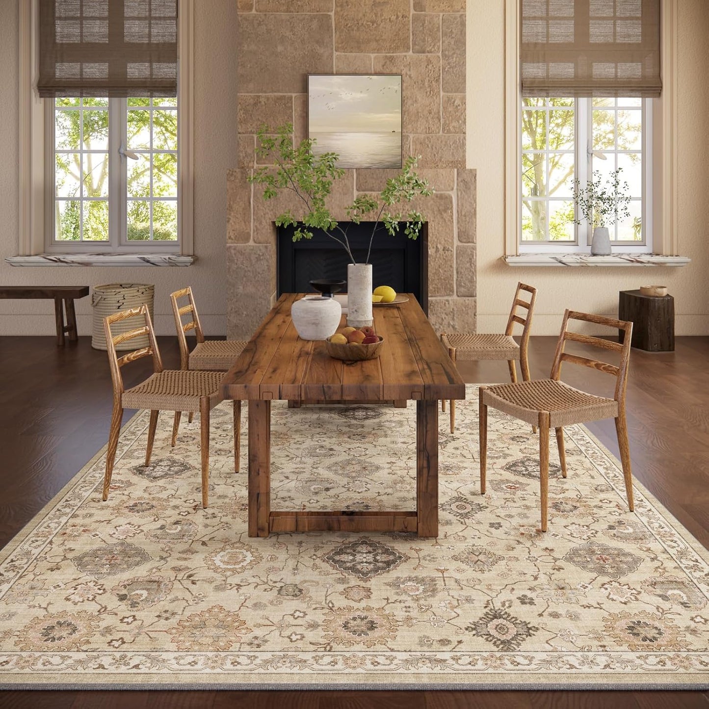 Machine Washable Rug for Living Room: 5x7 Area Rugs Boho Vintage Rug Stain Resistant Non Slip Low Pile Soft Lightweight Carpets for Bedroom Kitchen Dining Room Nursery Kids Room Farmhouse