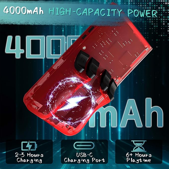 R36MAX Handheld Game Console, 40000+ Games Retro Gaming Console, 256GB TF Card Mini Retro Video Console, 4000mAh Rechargeable 4.0" IPS HD Screen Portable Pocket Arcade (Transparent Red)