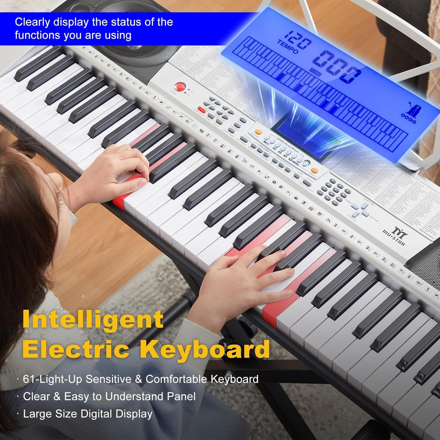 MUSTAR 61 Key Piano Keyboard, MEKS-400 Electric Piano Keyboard with Lighted Up Keys, Learning Keyboards Piano for Beginners, Piano Stand, LCD Screen, Headphones, Microphone