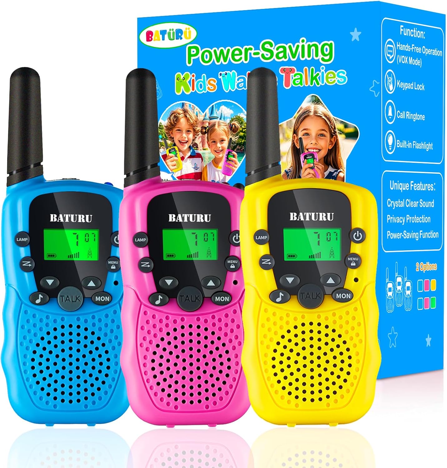 Walkie Talkies for Kids 3 Miles Long Range, 22 Channels Walkie Talkie with Clear Sound & Automatic Squelch, Kids Walkie Talkies, Outdoor Camping Toys for Boys and Girls (Blue Pink Yellow)