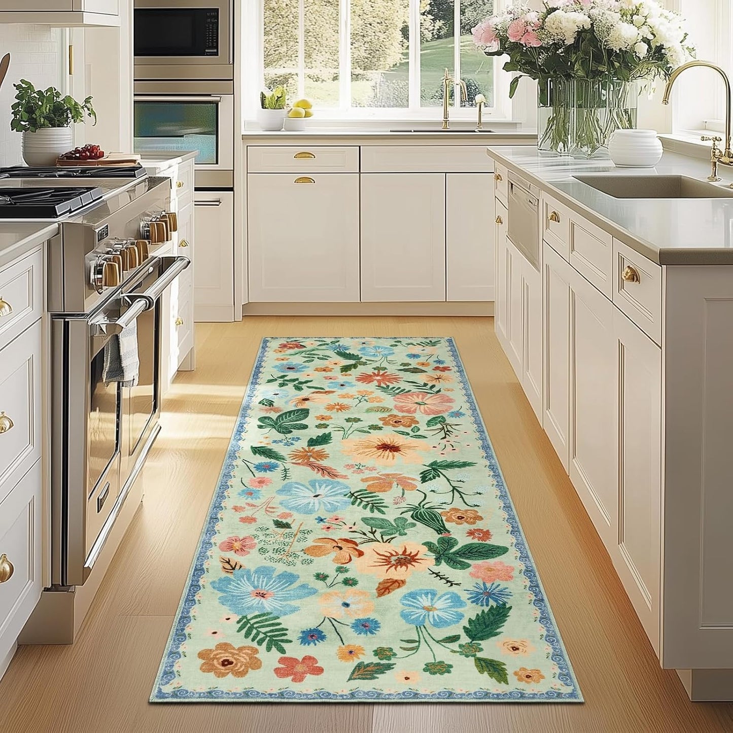 Washable Runner Rug 2x6 for Entryway Non Slip Stain Resistant Green Carpet Runners for Hallways 6ft Low Pile Faux Fur Vintage Floral Pattern Boho Spring Kitchen Rugs for Laundry Front Porch Bedroom
