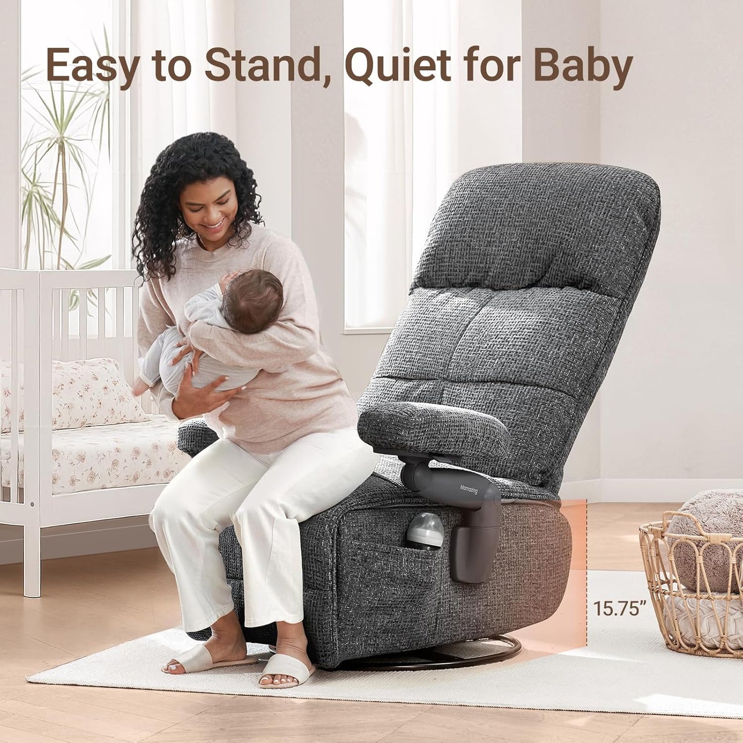 Nursery Swivel Glider Recliner Chair with Adjustable Armrests & Headrest, Rocking Chair Nursery with Removable Cover for Breastfeeding, FSC & Oeko-TEX Certified, Black