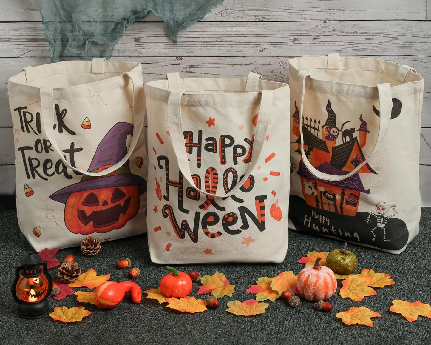 ATFUNSHOP 13.8" Large Halloween Tote Bag Trick or Treat 3 Pack Canvas Reusable Large Bucket with Handle for Kids