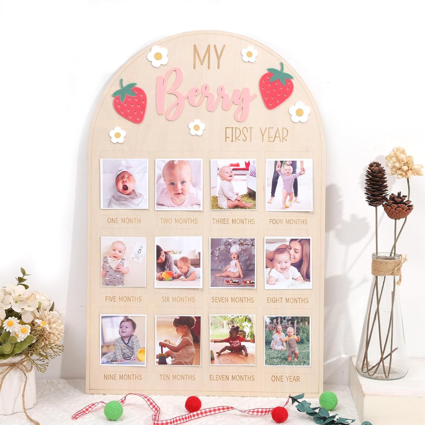 WAOUH Berry First Year Photo Wood Board - Strawberry 1st Birthday Decorations,Strawberry 1 to 12 Months Photo Board,Berry Daisy One Year Photos Display,Newborn Sweet Monthly Milestone Photos Sign
