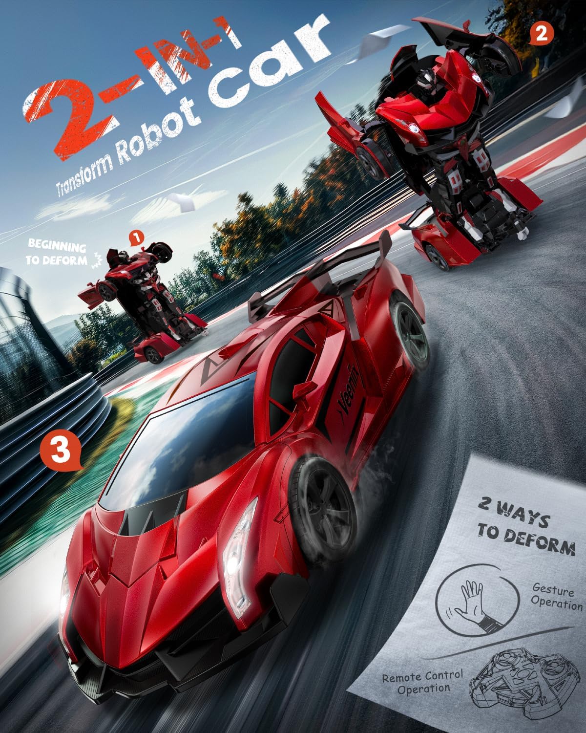 V992 Transform Remote Control Car,Transform Robot RC Cars,1:14 Scale,2-in-1 Robot Toy Car with Sound & Light,Gesture Sensing,Automatic Deformation,Great Gifts Toys for Boys and Girls 4-6 (Red)