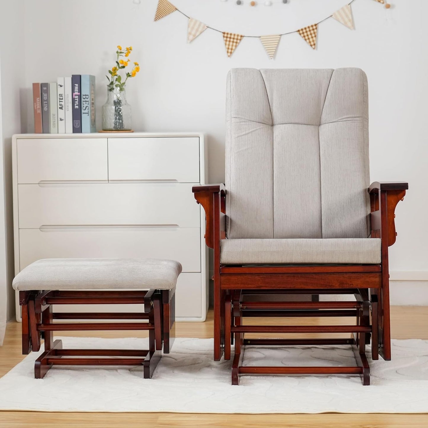 Glider Rocking Chair Nursery with Ottoman Smooth Rocking Motion, Easy to Assemble, Solid Hardwood Base Indoor Adult (White)