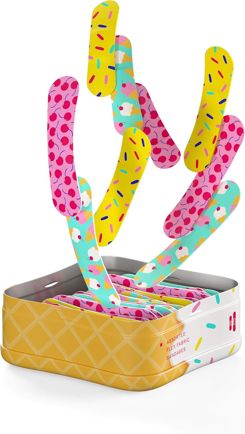 Welly Bandages | Adhesive Flexible Fabric Bravery Badges | Assorted Shapes for Minor Cuts, Scrapes, and Wounds | Colorful and Fun First Aid Tin | Ice Cream Patterns - 48 Count