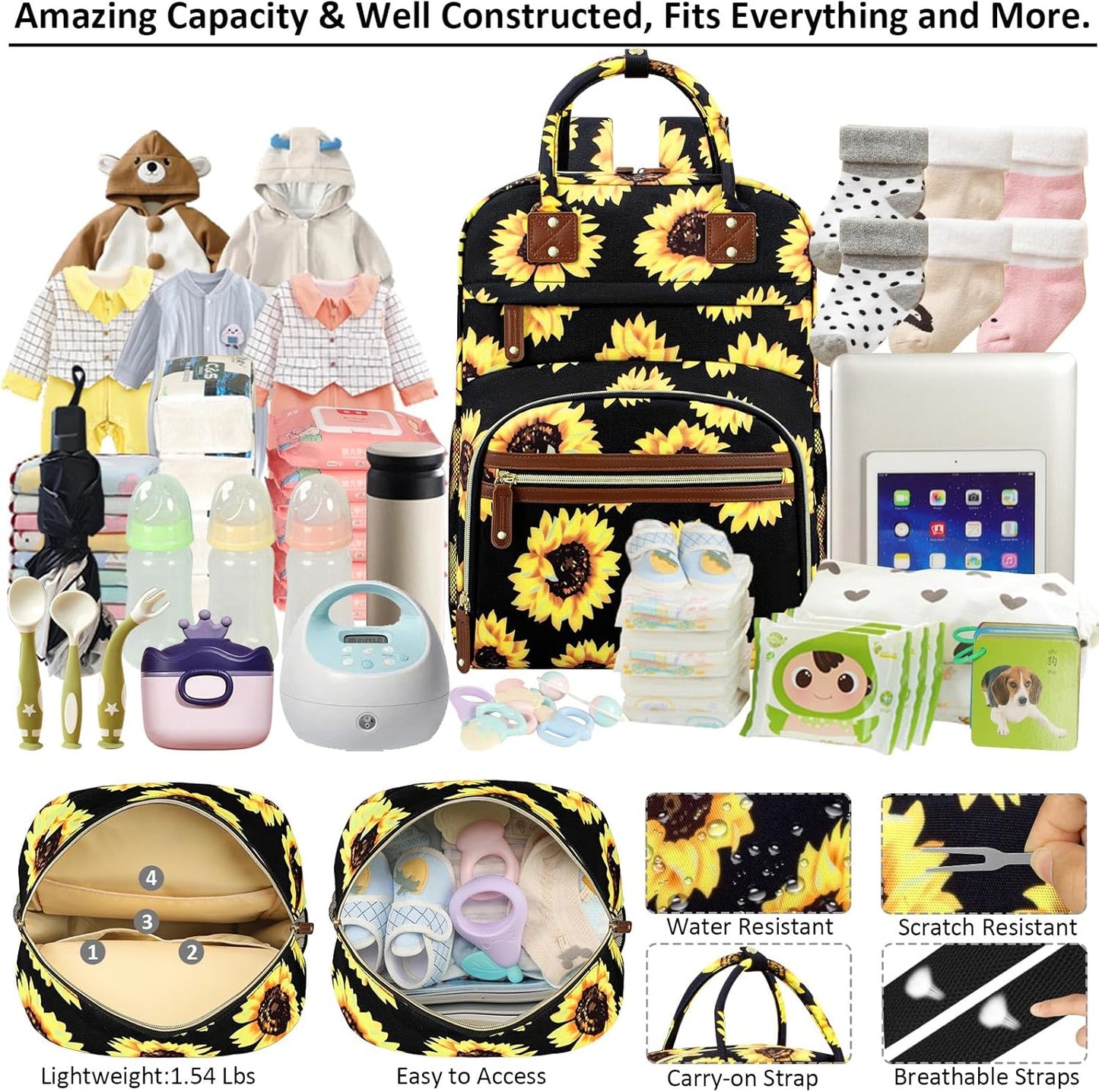 Diaper Backpack Tote Large Capacity, Baby Bag with Insulated Pockets Multifunctional Diaper Bags For Baby Girl Boy Women Waterproof Bags Mama Maternity Bag Sunflower