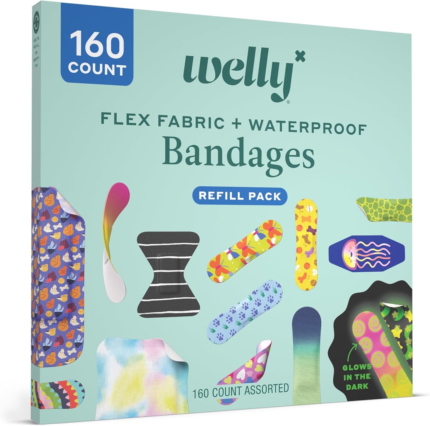 Welly Bandage Large Refill Pack | Adhesive Flexible Fabric, Glow-in-The-Dark & Waterproof Bandages | Assorted Shapes and Patterns for Minor Cuts, Scrapes, and Wounds - 160 Count