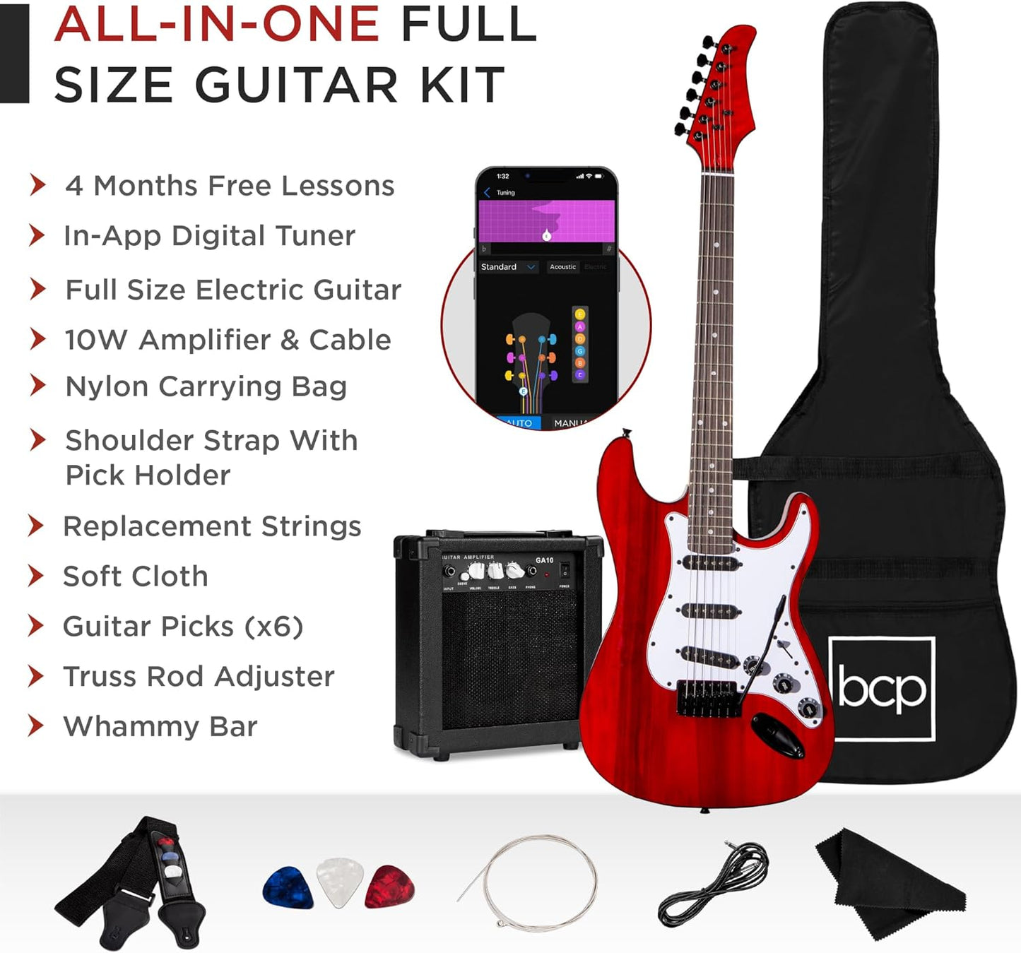 Best Choice Products 39in Full Size Beginner Electric Guitar Starter Kit w/Case, Strap, 10W Amp, Strings, Pick, Tremolo Bar - Cherry Red