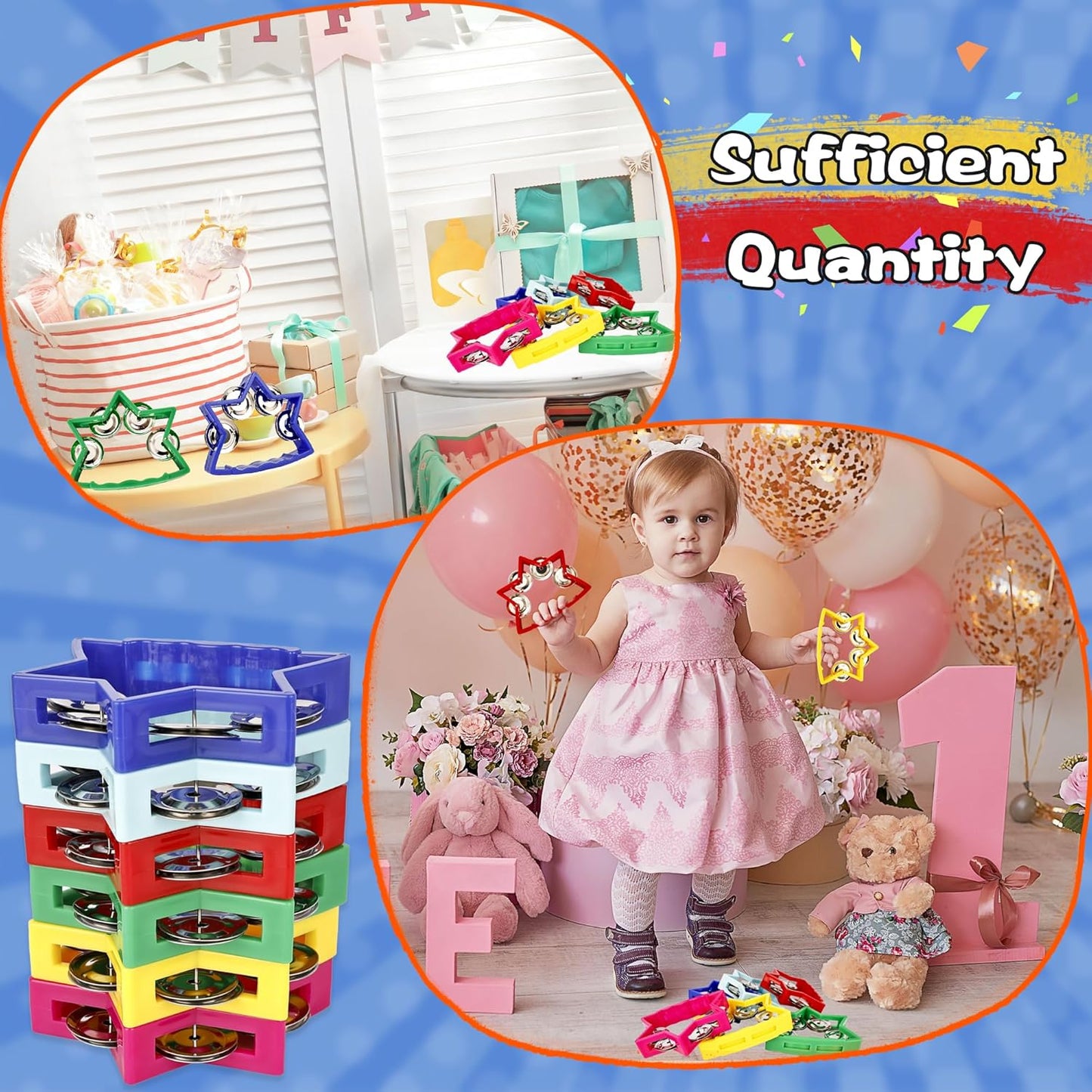 24 Pack Plastic Percussion Tambourine Colorful Star Shape Hand Tambourine Bells Noise Makers Tambourine for Musical Instruments School Concert