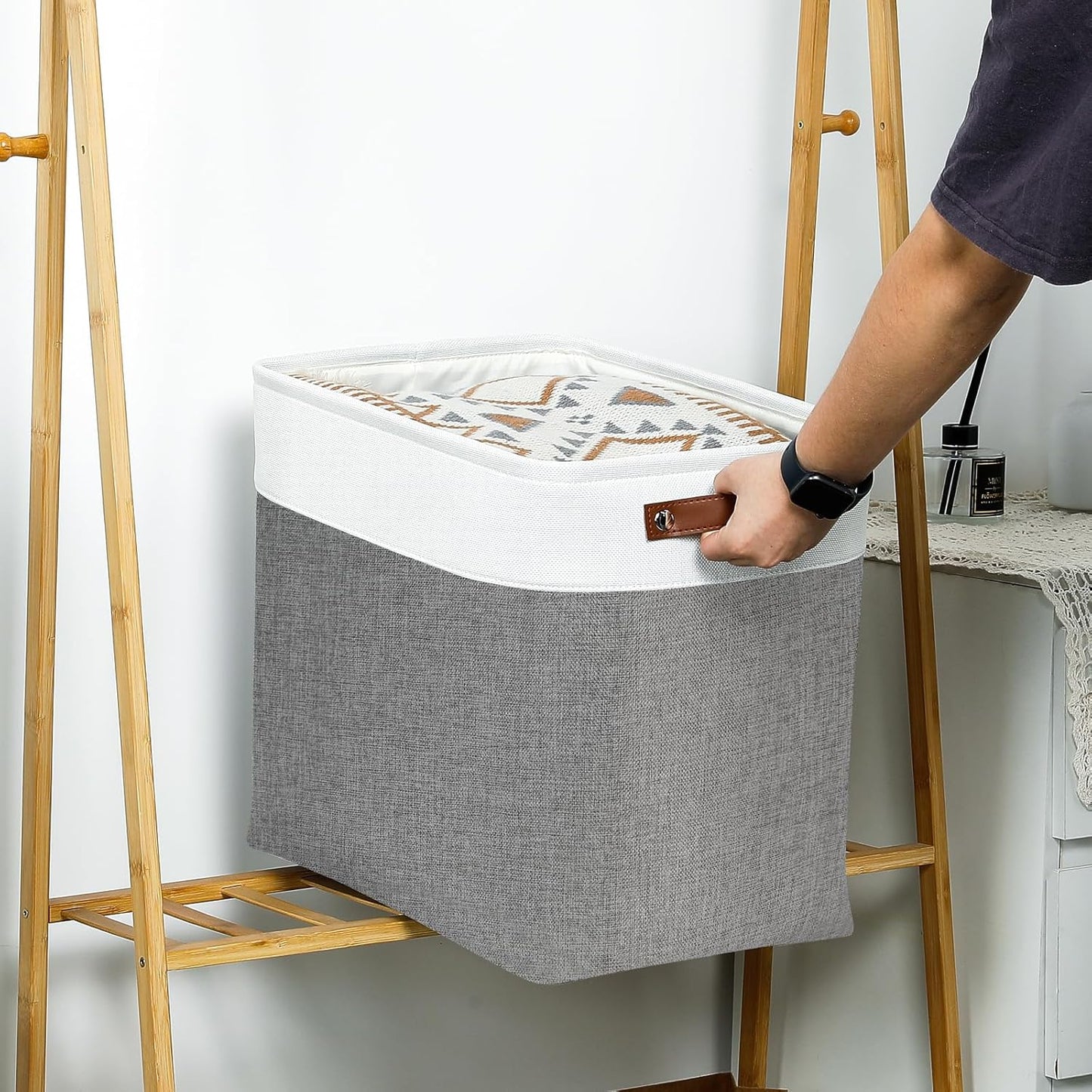 DULLEMELO Storage Baskets 17 inch Large Basket for Blanket Living Room, Foldable Storage Bins Baskets for Organizing [3 Pack] Blanket Storage Baskets Organizer for Home,Office,Closet(White&Grey)