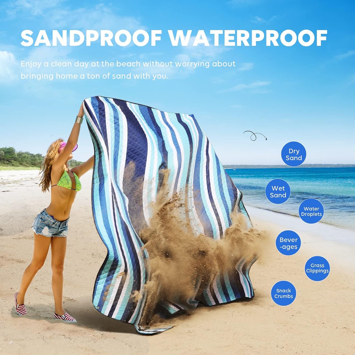ZAZE Beach Blanket Picnic Blankets with Stakes, Thick 3-Layer 80*80 Oversized Waterproof Sandproof Compact Outdoor Mat, Big Extra Large Foldable Camping Park Vacation Travel Accessories(Blue Stripe)
