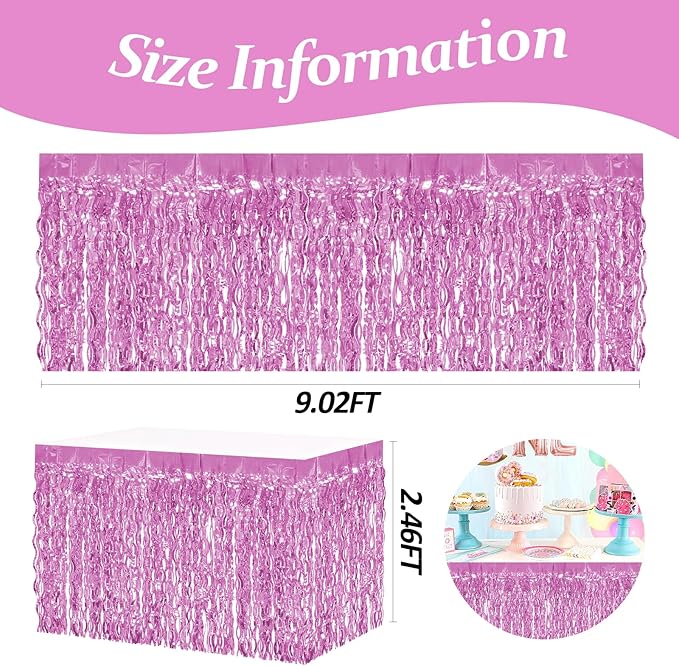 4P Wavy Metallic Tinsel Foil Fringe Table Skirts for Rectangle Tables Backdrop Garland Curtains for Parade Floats Wedding Birthday Parties Decoration Graduation 2025 Christmas (Pink)