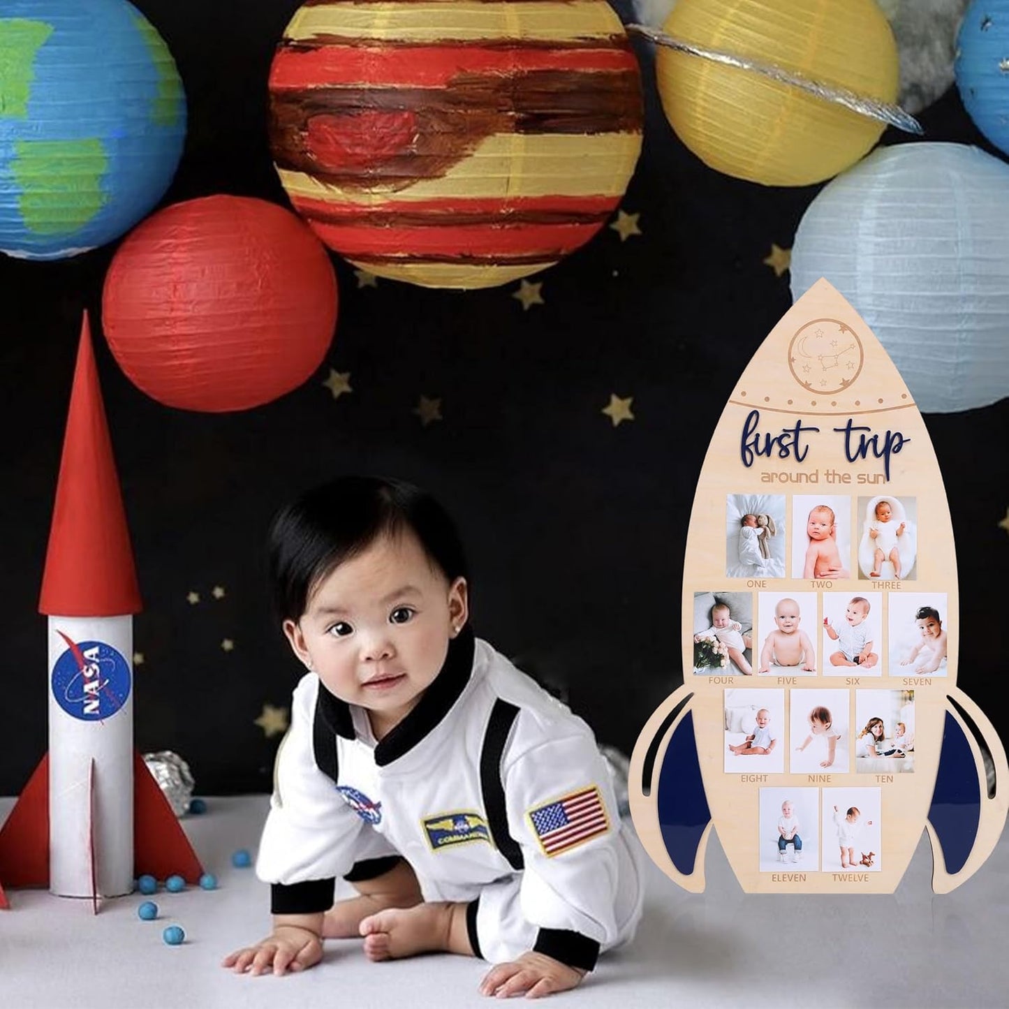 First Trip Around The Sun Photo Board - My First Year Frames, First Year Milestones Photo Board, 12 Month Photo Decorations, Girl/Boy 1st Birthday Decorations