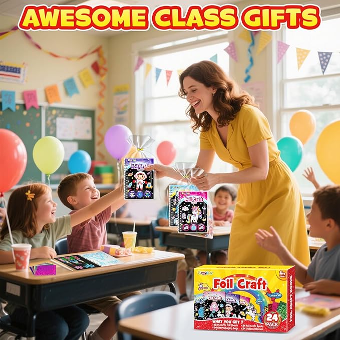 FUNNYB&G Foil Art Party Favors for Kids - 24 Pack Foil Art Crafts Kits Coloring Books, Goodie Bag Stuffers Party Favors for Kids 4-8 8-12, Bulk Birthday Classroom Prizes Girls Boys Gifts Halloween