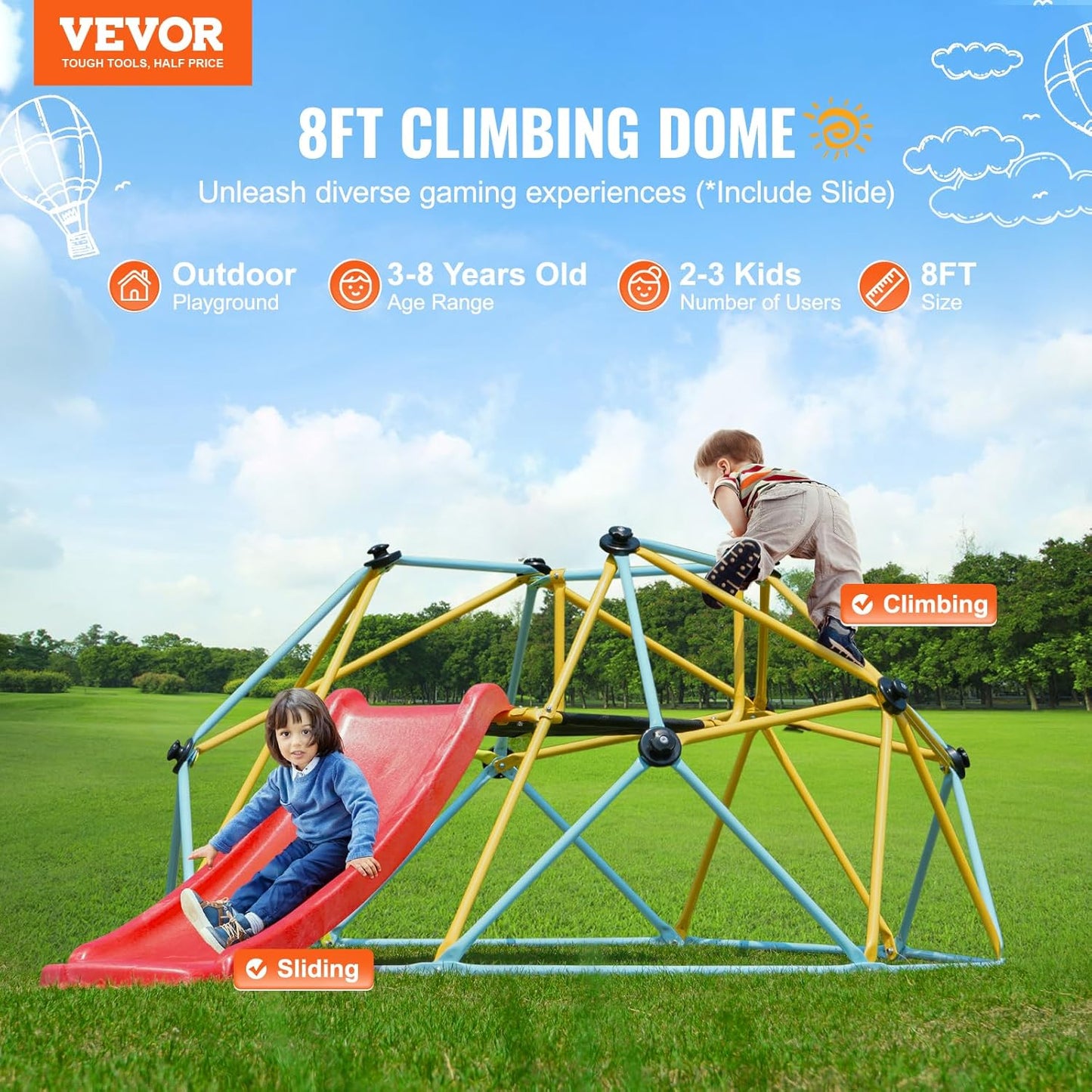 VEVOR Climbing Dome, 8FT Geometric Dome Climber with Slide, Jungle Gym Supports 600LBS and Easy Assembly for Kids 3 to 9 Years Old, with Climbing Grip, Outdoor and Indoor Play Equipment for Kids