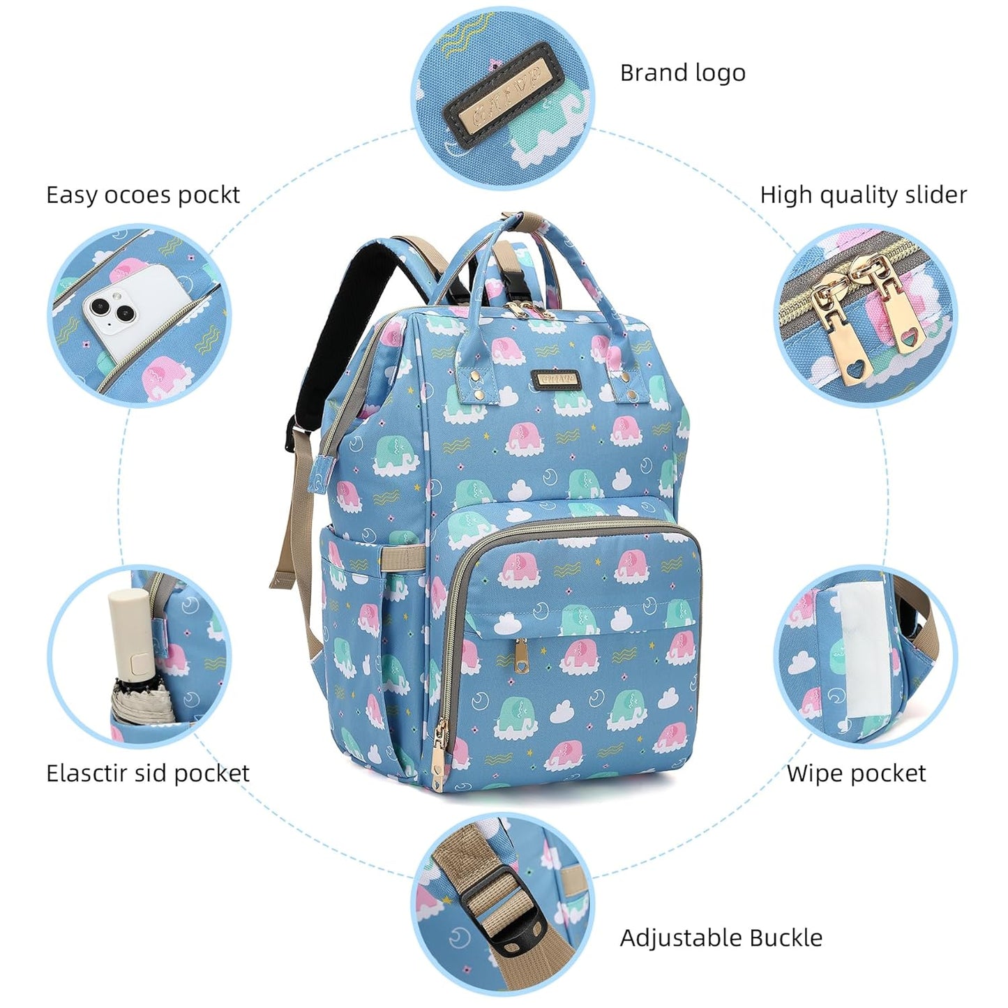 Diaper Bag Backpack, Diaper Bags for Baby Girls Boys, Baby Bags for Moms Dads, Nappy Changing Bag with Insulated Pockets,Multi-functional Waterproof Backpack with Stroller straps-Deep blue elephant