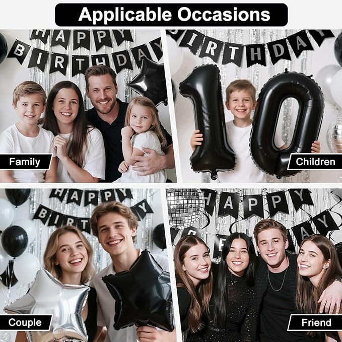 34th Birthday Decorations for Men Women, Black Silver Happy Birthday Party Decorations， 34 Year Old Party Supplies with Number 34 Balloons, Banner, Fringe Curtains Kit