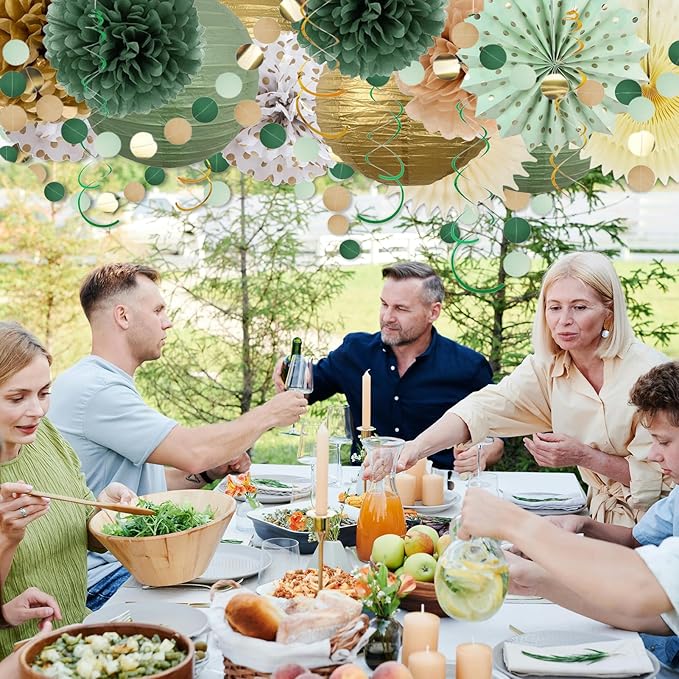 23PCS Sage Green Party Decoration,Green Paper Lanterns Fans,Pom Poms Flowers,Hanging Party Garland for Women Girls Boys Adults Birthday Party,Wedding,Baby Shower,Bridal Shower Party Decor