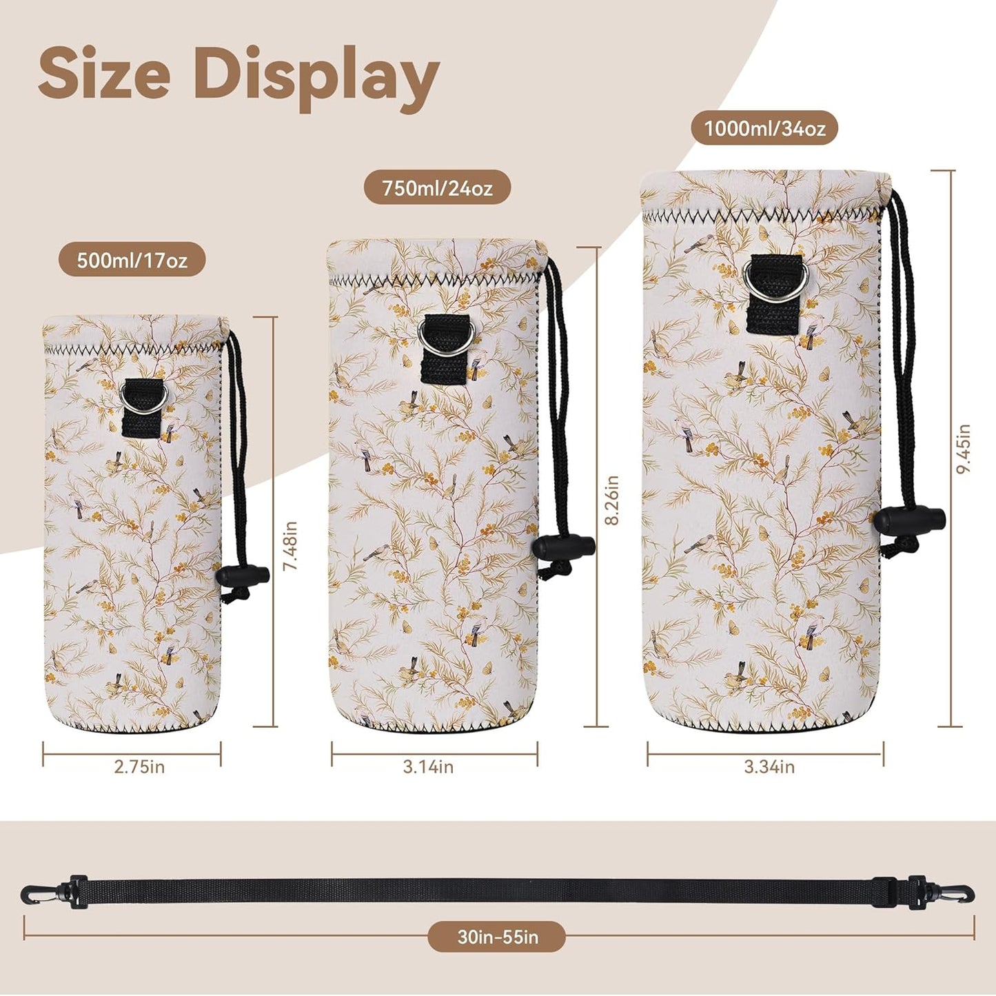 RICHEN Neoprene Water Bottle Carrier Bag with Adjustable Shoulder Strap,Insulated Water Bottle Cover for Stainless Steel/Glass/Plastic Bottles