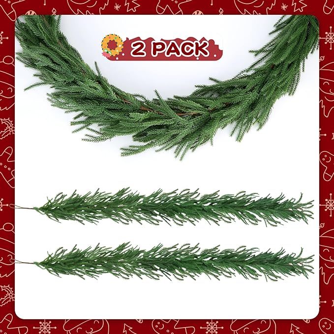 2Pcs 6ft Artificial Norfolk Pine Garland,Christmas Garland Greenery Garland for Mantle, Fireplace, Table, Wall, Window, Bedroom, Indoor Outdoor Holiday Winter Christmas Decorations (2, 6FT)