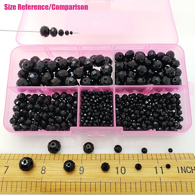 2-10mm Briolette Rondelle 810pcs Black Crystal Glass Beads Faceted Shape Crystal Spacer Beads for Bracelet Necklace Decorative Hand Jewelry Making (2/4/6/8/10mm Black)