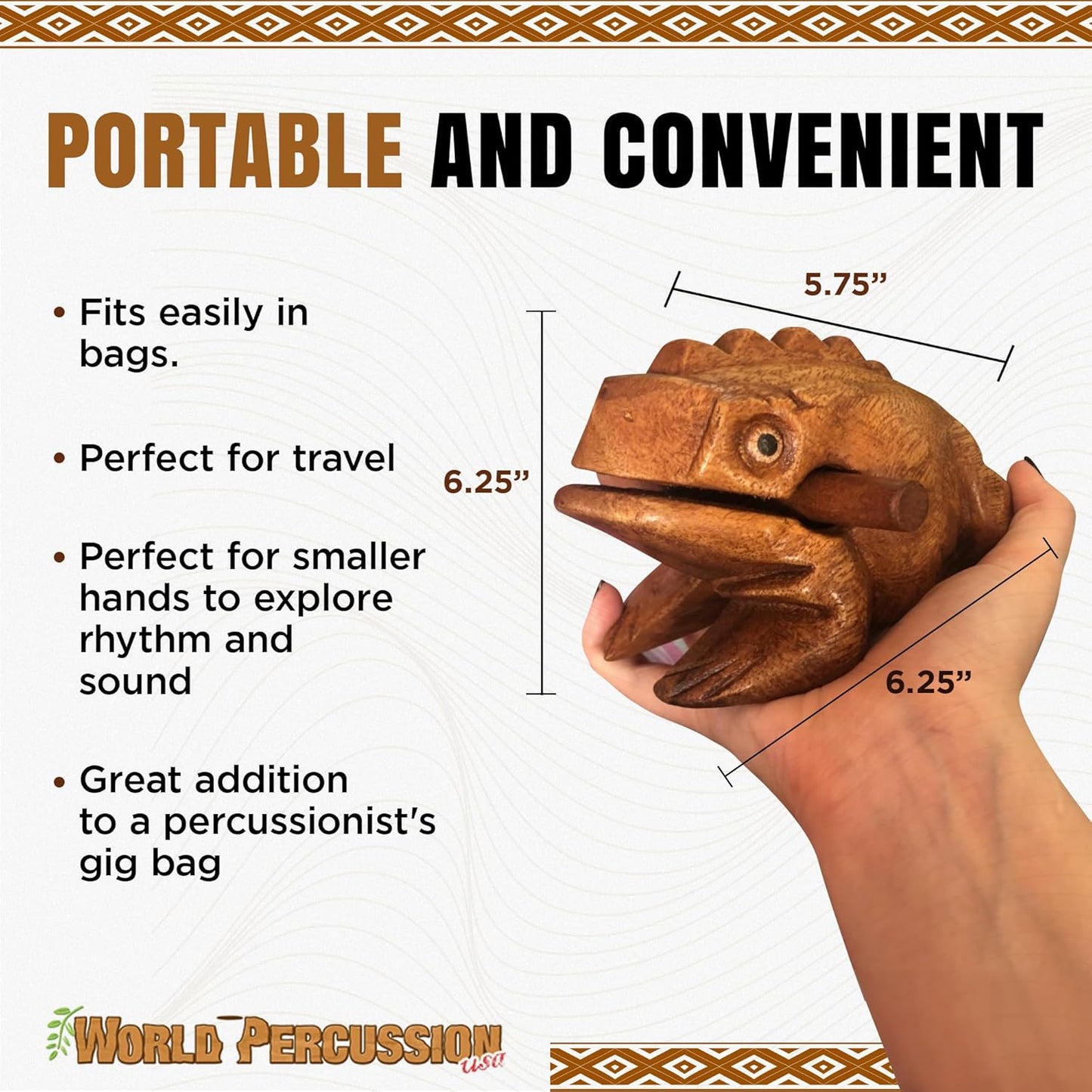 Deluxe Large 6" Wood Frog Guiro Rasp - Musical Instrument Tone Block - Wooden Frog with Stick, Noise Maker by World Percussion USA