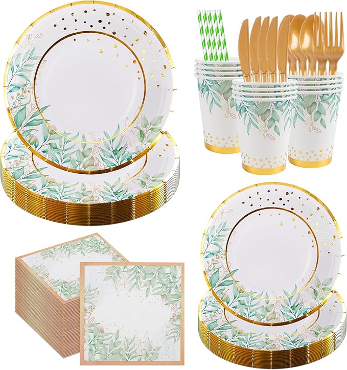 280 Pcs Greenery Plates and Napkins Party Supplies - Serves 35 People - Sage Green Gold Paper Plates Party Cups Forks Knives Spoons Straws Greenery Theme for Baby Showers, Bridal Showers, Tea Parties