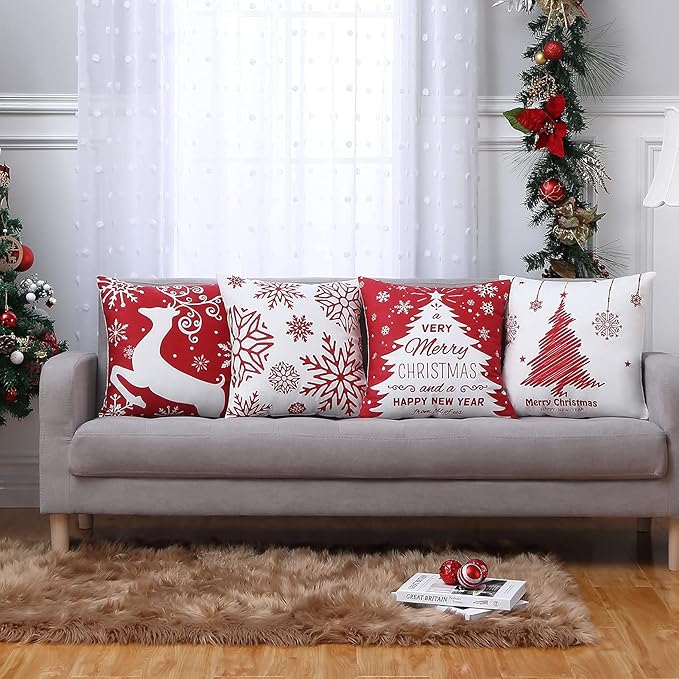 NANAN Christmas Pillow Covers 18x18 Inch Set of 4 Decorative Farmhouse Throw Pillow Covers Holiday Rustic Pillow Cases for Sofa Couch Home Decor Christmas Decorations Xmas Cushion Covers