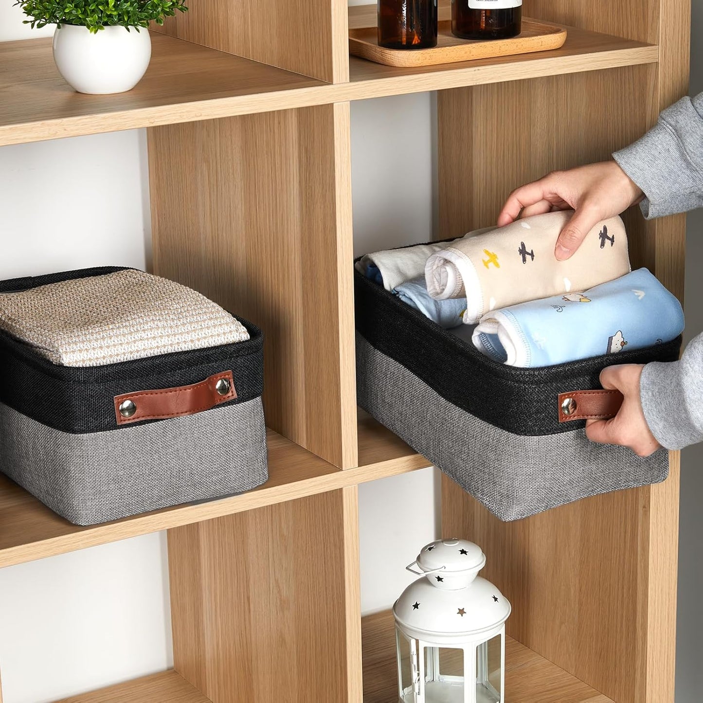 DULLEMELO Small Storage Baskets for Organizing - 11.8x7.9x5.1 inch Collapsible Storage Bins Set of 2 cloth storage bins for organizing Books and towel storage (Black&Grey)