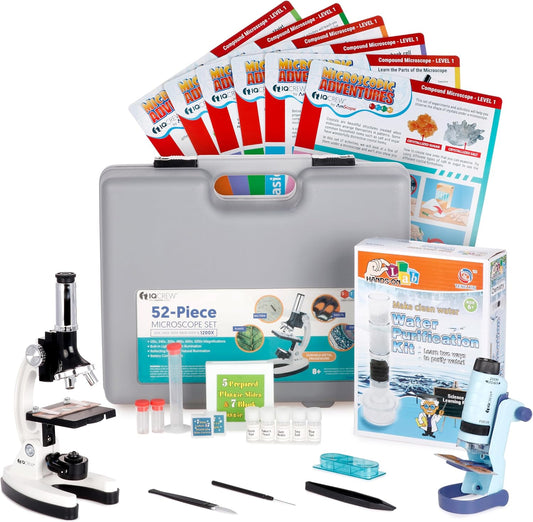 AMSCOPE-Kids 120X-1200X White Metal Arm Starter Kids Student Microscope Kit with Water Purification Activity Kit and Experiment Cards - M30-ABS-KT2-W-KVB1