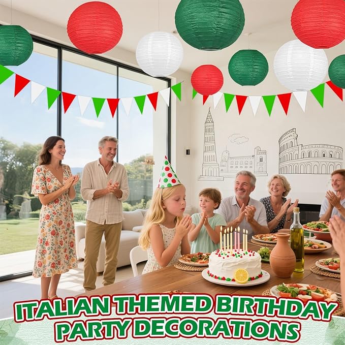 13Pcs Italian Party Decorations, Hanging Red White and Green Paper Lanterns Paper Fans for Birthday Wedding Baby Shower Christmas Mexican Independence Day Italian Themed Party Decorations