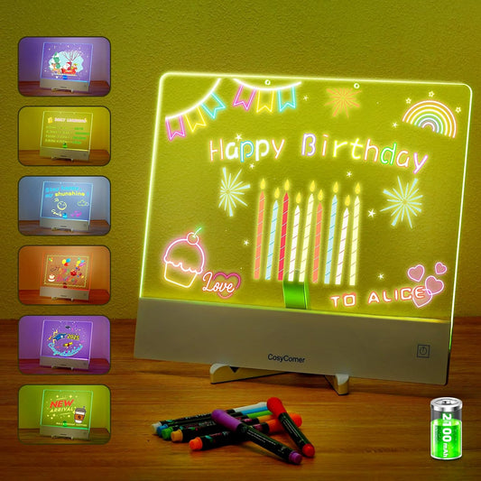 LED Drawing Board for Kids - Doodle Glow Note Board with Colors | Rechargeable Acrylic Dry Erase Board with Light & Touch Switch | 5H Battery, Glow Writing Pad for Toddlers & Artists