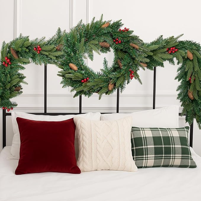 9FT Christmas Garland Artificial Norfolk Pine Tree Greenery, Cedar Cypress with Red Berries Pine Cones, Realistic Winter Holiday Mantel Fireplace Door Table Decor, Indoor Outdoor