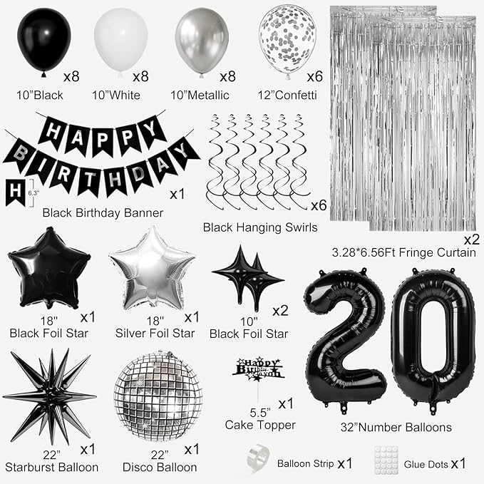 20th Birthday Decorations for Men Women, Black Silver Happy Birthday Party Decorations， 20 Year Old Party Supplies with Number 20 Balloons, Banner, Fringe Curtains Kit