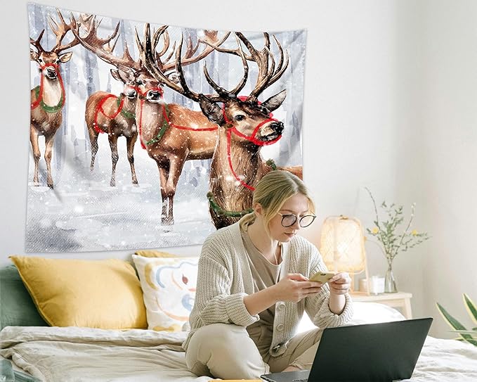 QGHOT Winter Tapestry Wall Hanging Winter Forest Backdrop Christmas Snowy Deer Wall Decor Snow Elk Tapestries for Bedroom Living Room Dorm Party Decoration, Extra Large
