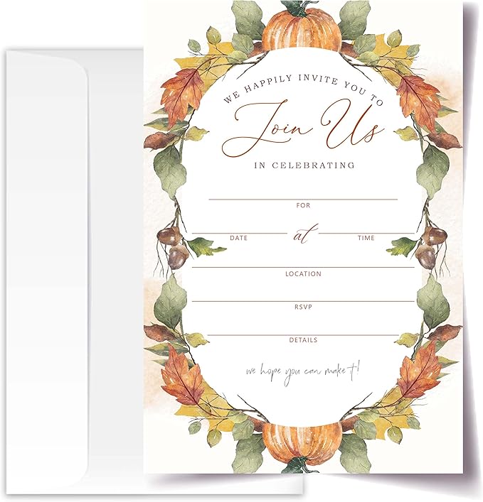 Join Us In Celebrating - Fall Invitation Cards with Envelopes Pack of 20 (4"x6") - Pumpkin Leaf Autumn Themed Invitations for Baby Shower, Wedding, Bridal Shower, Baptism, etc.(152)