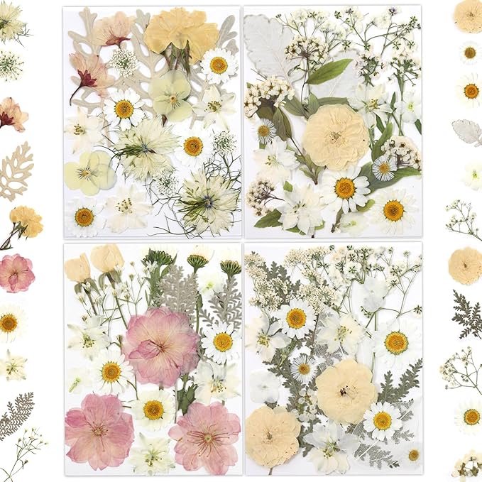 80 Pcs Dried Flowers for Crafts, Real Natural Dried Pressed Flowers in Soft Yellow, White & Pink Tones for Resin, DIY Art, Jewelry, Candle & Soap Making – Tweezers Included
