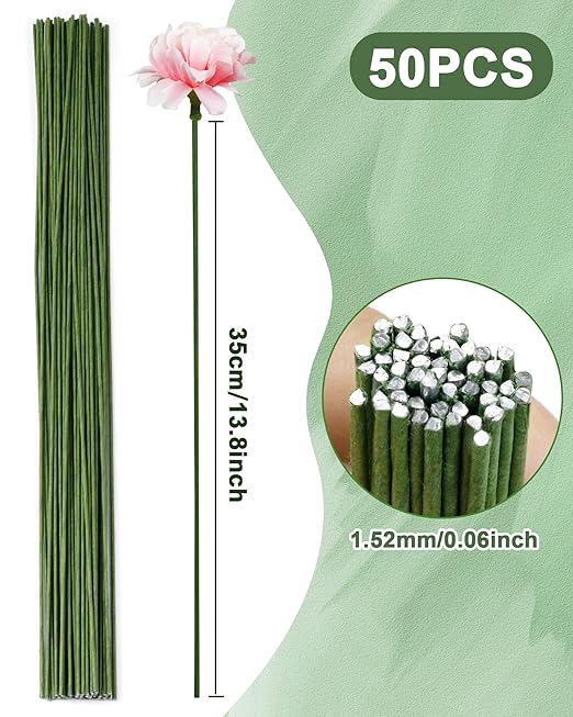50 PCS FIVEIZERO 16 Gauge Green Floral Wire Stems for Artificial Flower Making,Florist Wire,Flower Wires for Crafts,Alambre para Flores for Wreaths, Flower Arrangements and DIY Projects
