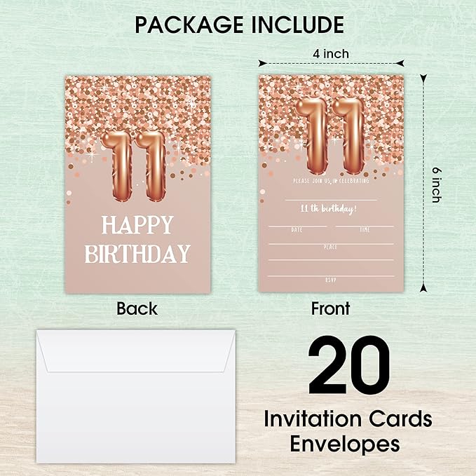 11th Birthday Invitation Cards, Rose Gold Glitter 11th Birthday Party Invites, Kids Happy Birthday Party Decorations Supplies, 20 Fill-in Cards with Envelopes for Boys or Girls Party Celebration - C03