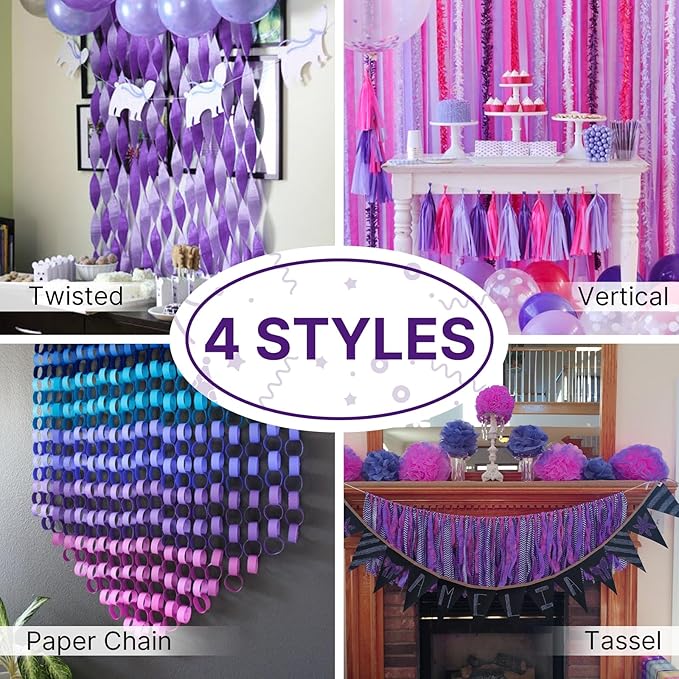 PartyWoo Crepe Paper Streamers 4 Rolls 328ft, Pack of Shades of Purple Crepe Paper for Party, Wedding, Birthday, Baby Shower Decorations (1.8 Inch x 82 Ft/Roll)
