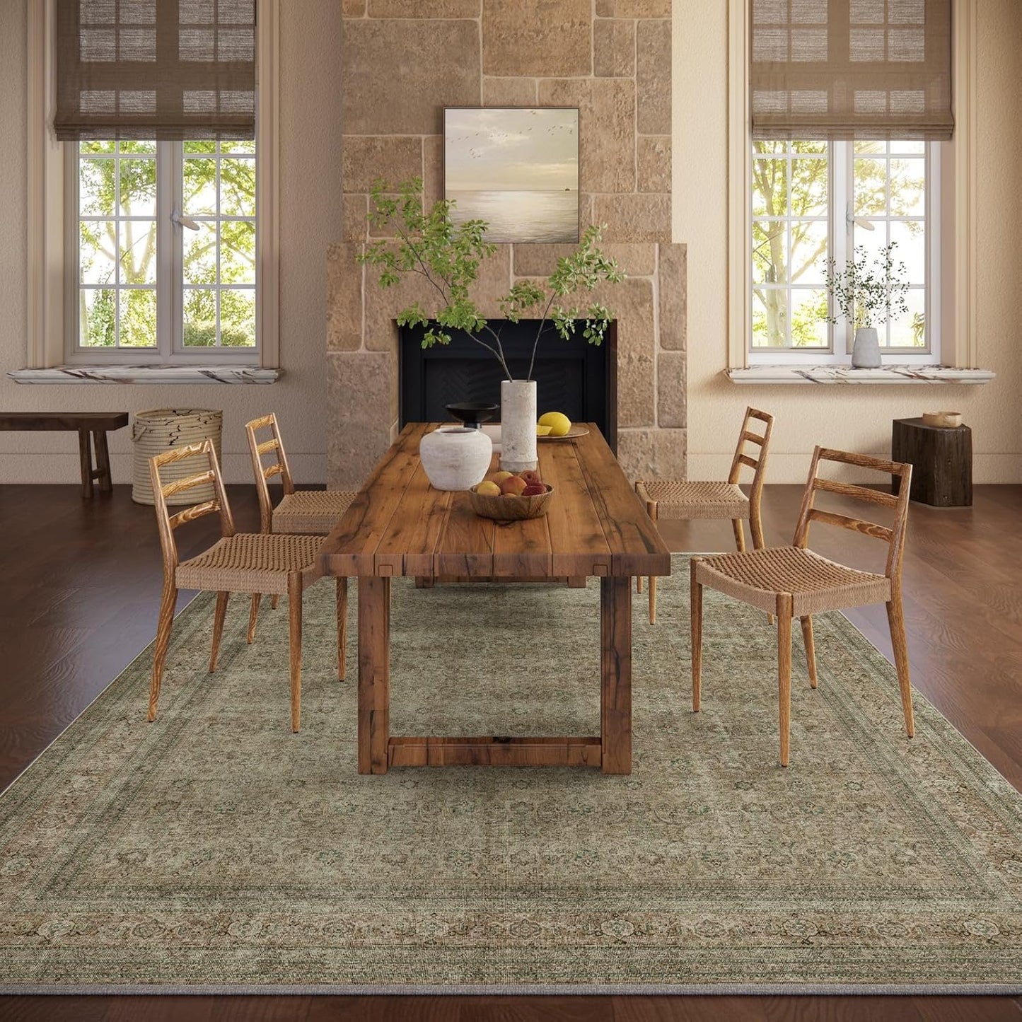 Washable Area Rugs for Living Room: 6x9 Bedroom Rug Boho Vintage Rugs Stain Resistant Non Slip Low Pile Lightweight Soft Carpets for Dining Room Kitchen Nursery Kids Room Farmhouse Living Room