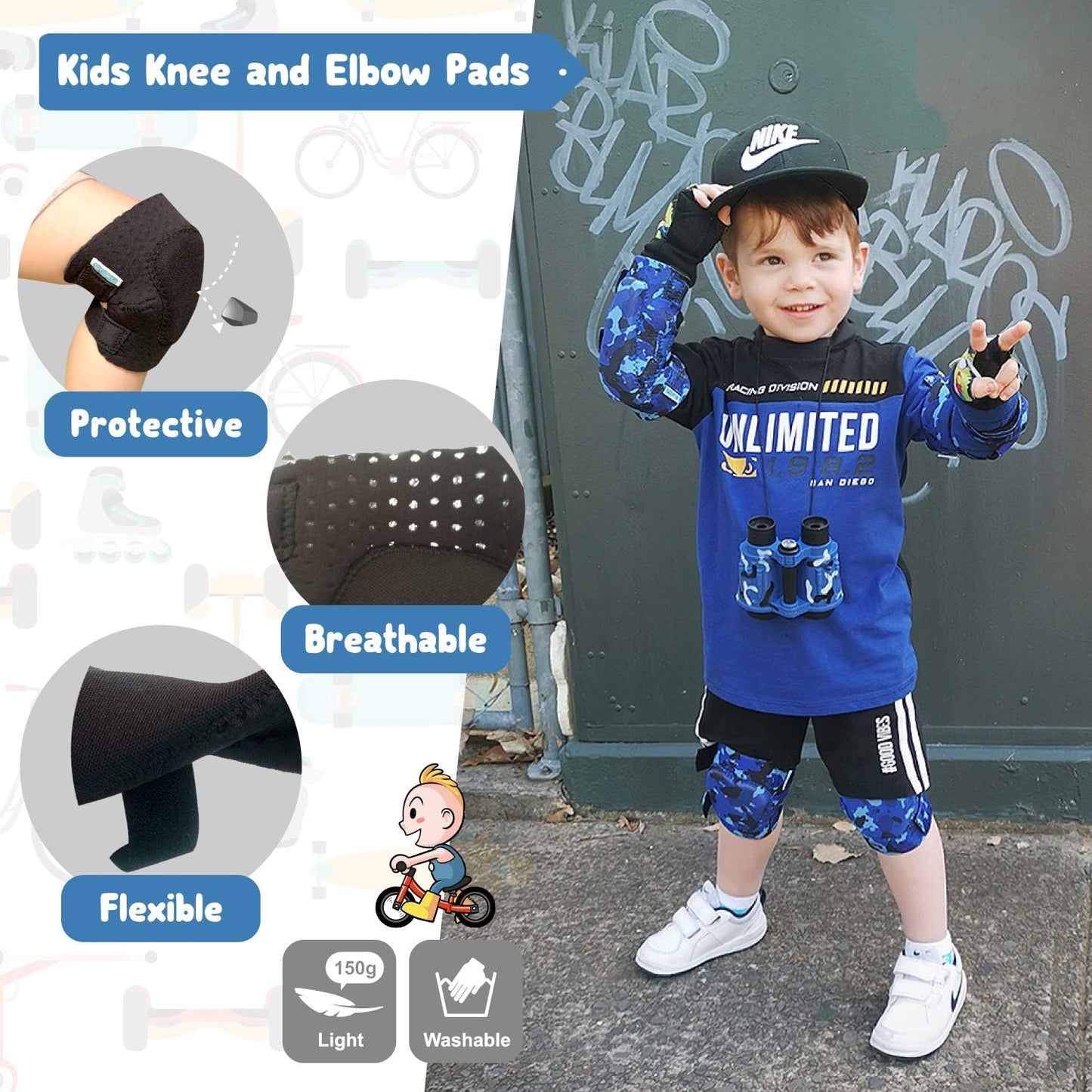Soft-Style Kids Knee and Elbow Pads with Bike Gloves, Flexible Impact-Resistant Gear for Ages 2-11, Designed for Balance Bikes, Roller-Skating, and Skateboarding