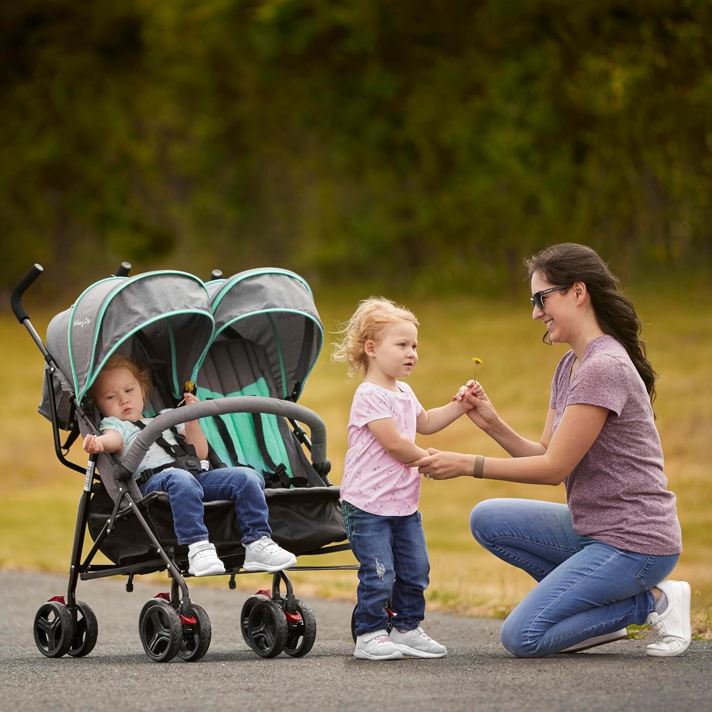 Dream On Me Volgo Twin Umbrella Stroller in Mint, Lightweight Double Stroller for Infant & Toddler, Compact Easy Fold, Large Storage Basket, Large and Adjustable Canopy