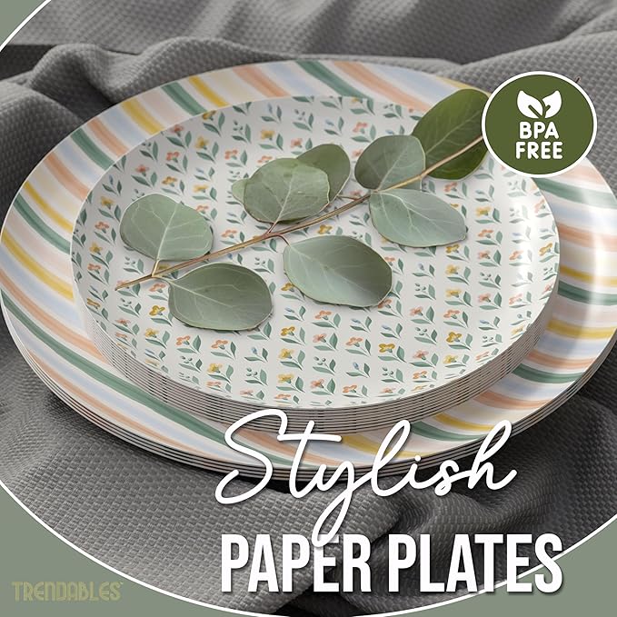 Trendables Heavy Duty Paper Plates Set For 32 Guests - 32 Each Of 8-inch And 10-inch Disposable Plates For Party - Fancy 64 Piece Dinnerware Set For All Occasions | Floral Design, Folk