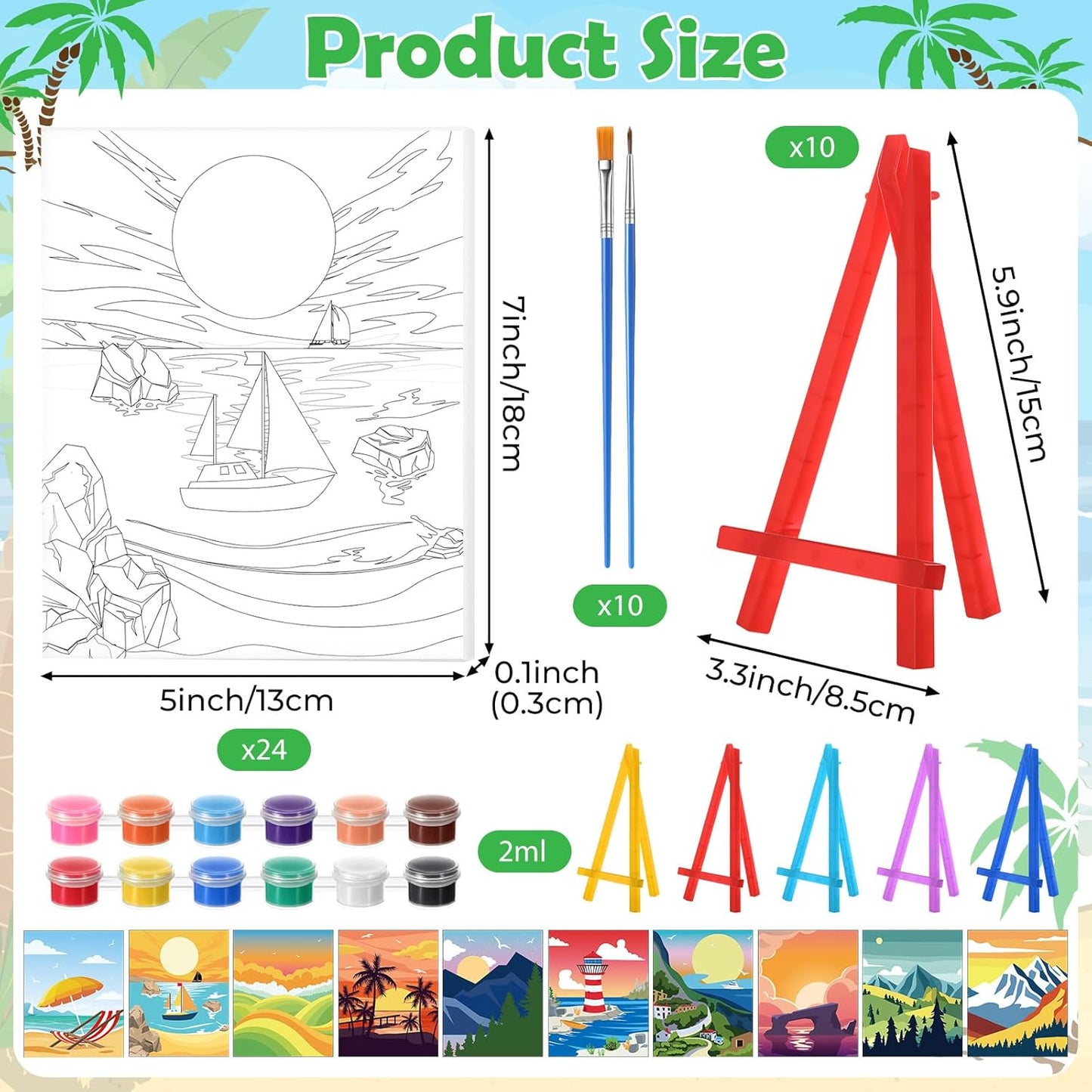 Blosssound 10 Set Pre Printed Canvas Pre Drawn Canvas Painting with Easel Kits 5" x 7" Outline Painting Panels for Beginners, DIY Craft Project, Party Favor, Home Decors(Summer)