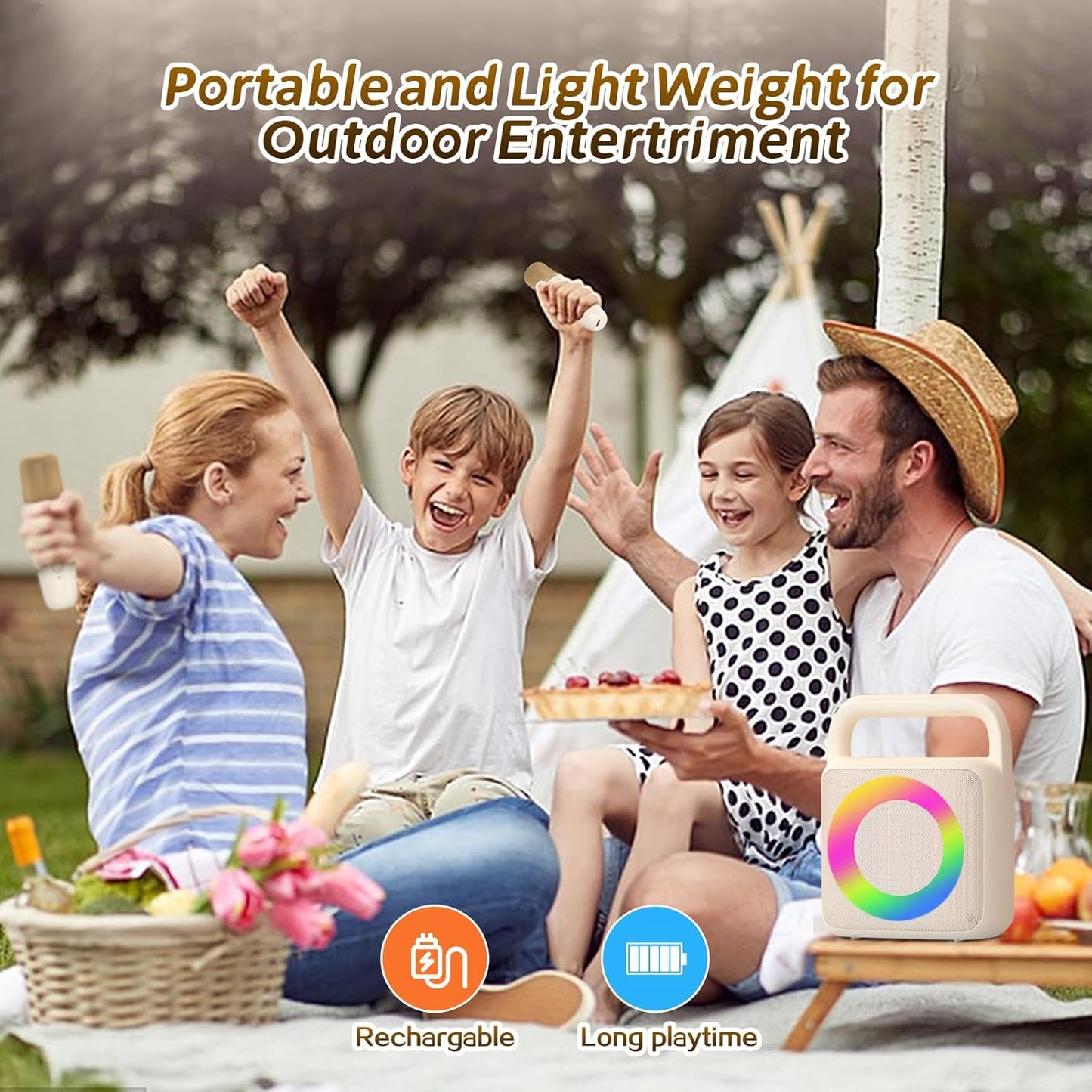 Karoke Machine with 2 Wireless Mics,Portable Karaoke Microphone Toys with Colorful Lights and Magic Voices for Camping Party, Birthday Gift for Boys Girls Teenages Adults